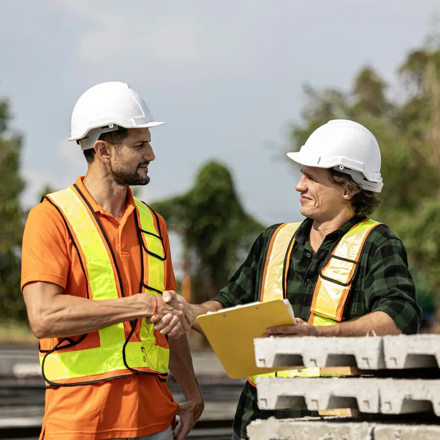 Two construction leaders in hard hats shaking hands on a jobsite